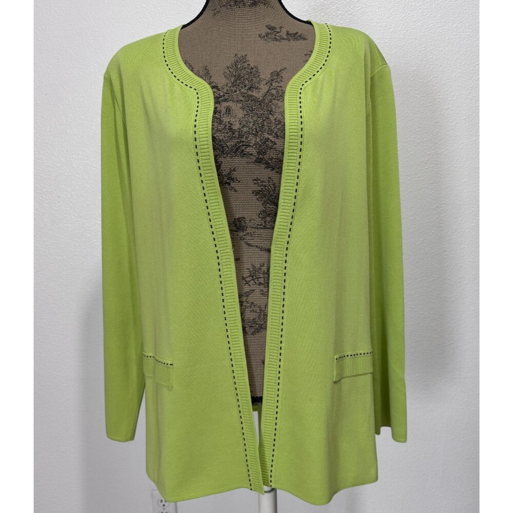 Exclusively Misook Cardigan Sz XL Lime Green Black Knit Hook Closure Long Sleeve